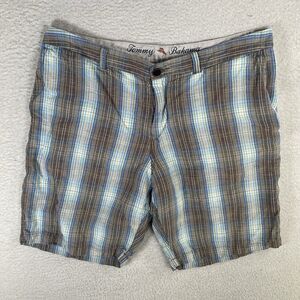 Tommy Bahama Shorts Mens Sz 40 Linen Blend Blue Brown Plaid Flat Front Chino